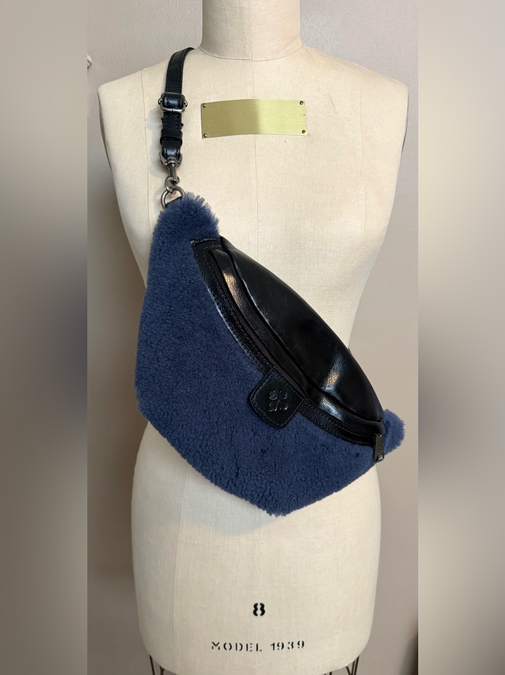 Patricia Nash Navy Blue Shearling and Black Leather Crossbody Belt Bag